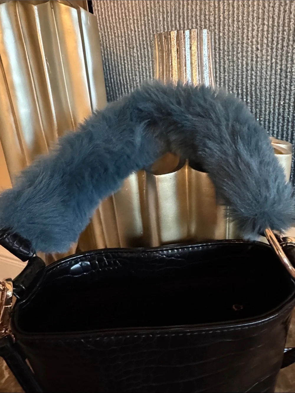 Black Croc-Embossed Bucket Bag with Gray Fur Handle Anthropologie